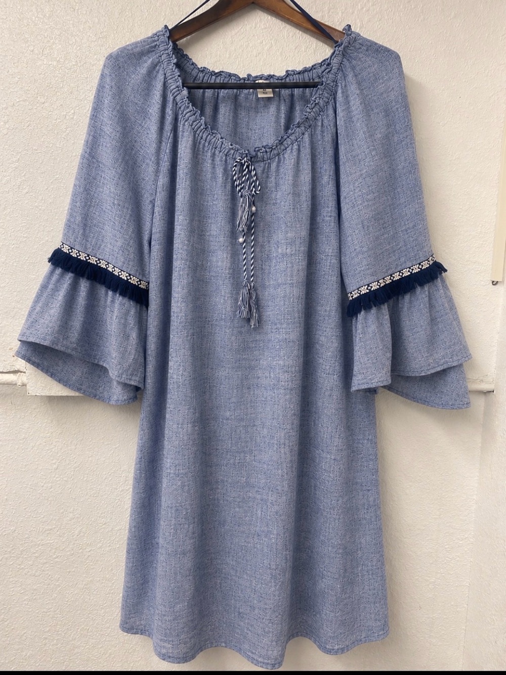 Light Blue Boho Peasant Dress with Tassel Tie